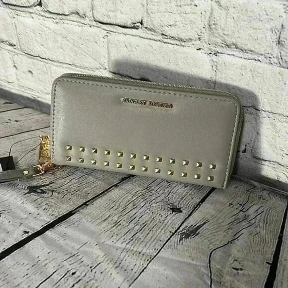 Badgley Mischka Allover Grey Wristlet Wallet Cellphone Pocket Purse Studs New - Picture 1 of 5